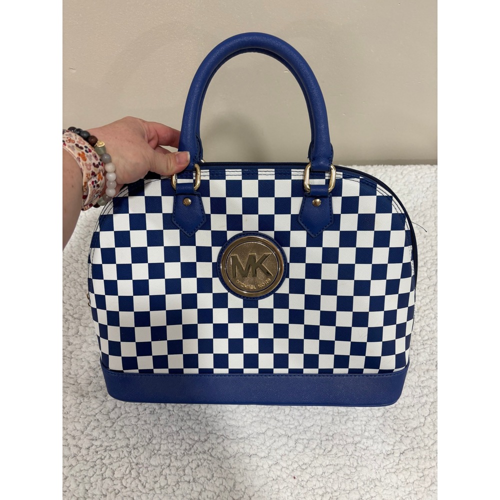 Michael Kors Womens Blue White Checkered Satchel Handbag Purse Vintage Casual - Picture 7 of 8